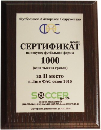 Подарочный Диплом-Сертификат 1000 грн металл на дереве под заказ с нанесением размер: 200*150 мм
